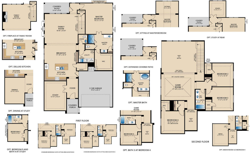 Richardson two‑story floor plan with 4 bedrooms, 2.5 bathrooms, open family room, kitchen with breakfast area and dining room, covered patio, private first‑floor primary suite, and upstairs game room with optional study, media room, and additional bedroom layouts
