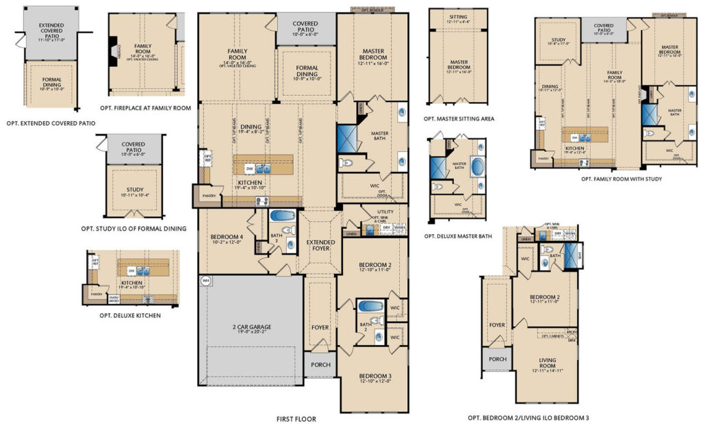 Rockwall floor plan with 4 bedrooms, 3 bathrooms, formal dining room, game room, open family room and kitchen, covered patio, private primary suite, and optional study, fireplace, and deluxe kitchen layouts