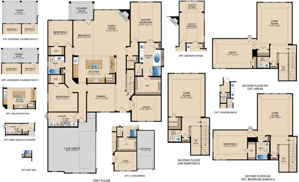 San Martino II two‑story floor plan with 3 bedrooms, 2 full bathrooms, 2 half bathrooms, open‑concept kitchen, dining and family room, private study, covered patio, upstairs game room, optional media room, and optional extended patio and garage layouts