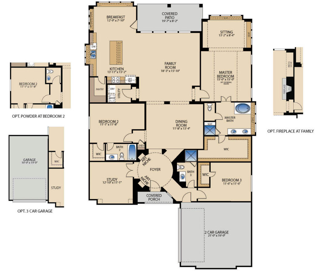 Sandstone S one-story floor plan with 3 bedrooms, 3 bathrooms, dining room, covered patio, and primary suite with sitting area
