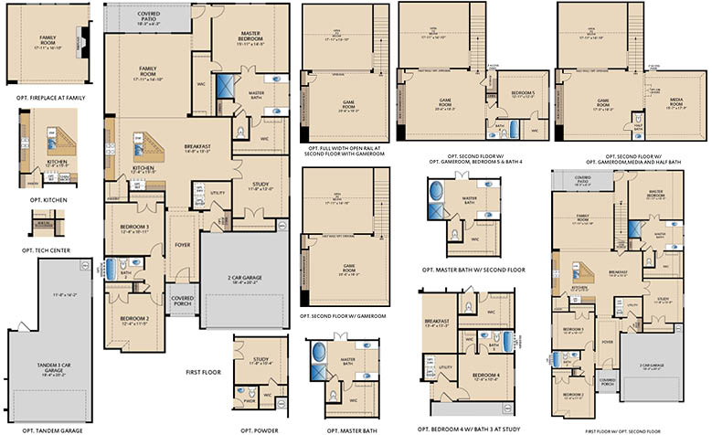 Southlake one-story floor plan with 3 bedrooms, 2 bathrooms, study, large kitchen island, and covered patio