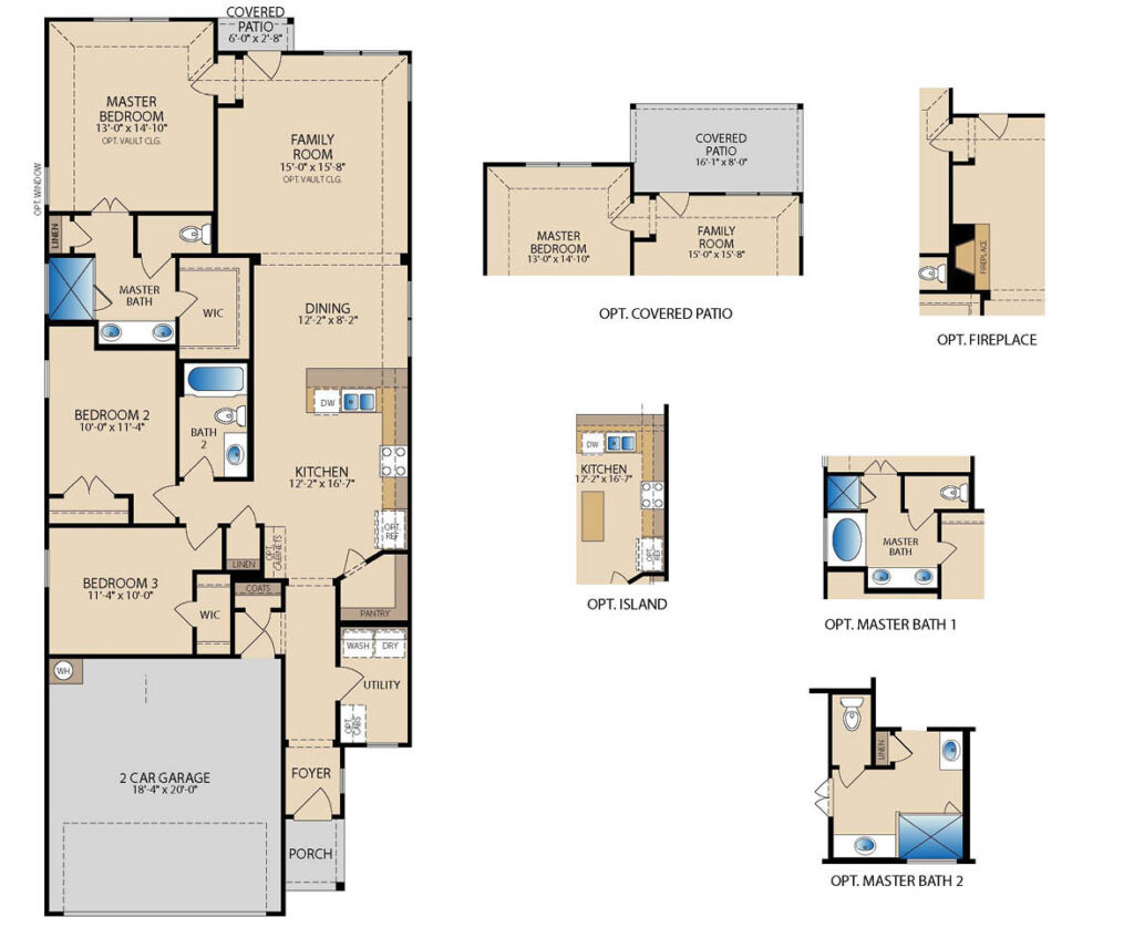 Statler one-story floor plan with 3 bedrooms, 2 bathrooms, open living and dining area, covered patio, and two-car garage