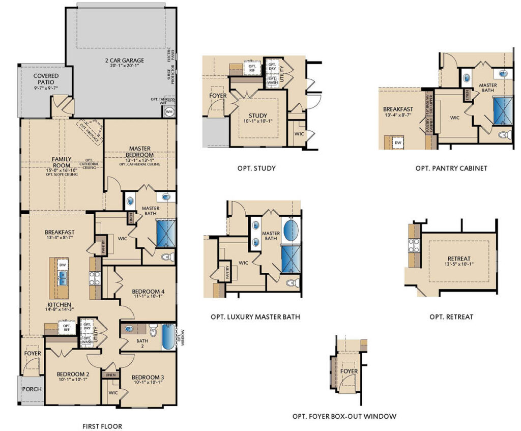 Stonegate one-story floor plan with 4 bedrooms, 2 bathrooms, open family room, chef-inspired kitchen, and covered patio