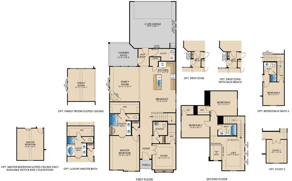 Timberline two-story floor plan with 3 bedrooms, 2.5 bathrooms, first-floor primary suite, study, upstairs loft, and covered patio