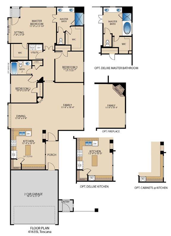 Toscana one-story floor plan with 3 bedrooms, 2 bathrooms, dining room, art niche, covered porch, and primary suite with sitting area
