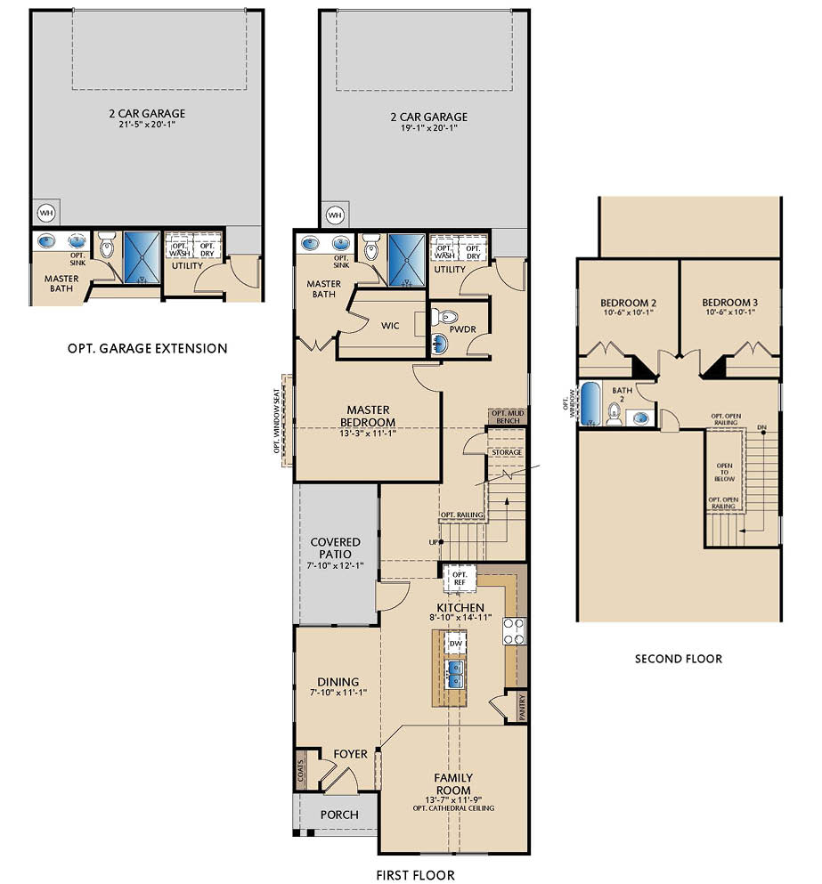 Wisteria floor plan with 3 bedrooms, 2.5 bathrooms, open family room, dining area, covered patio, and upstairs secondary bedrooms