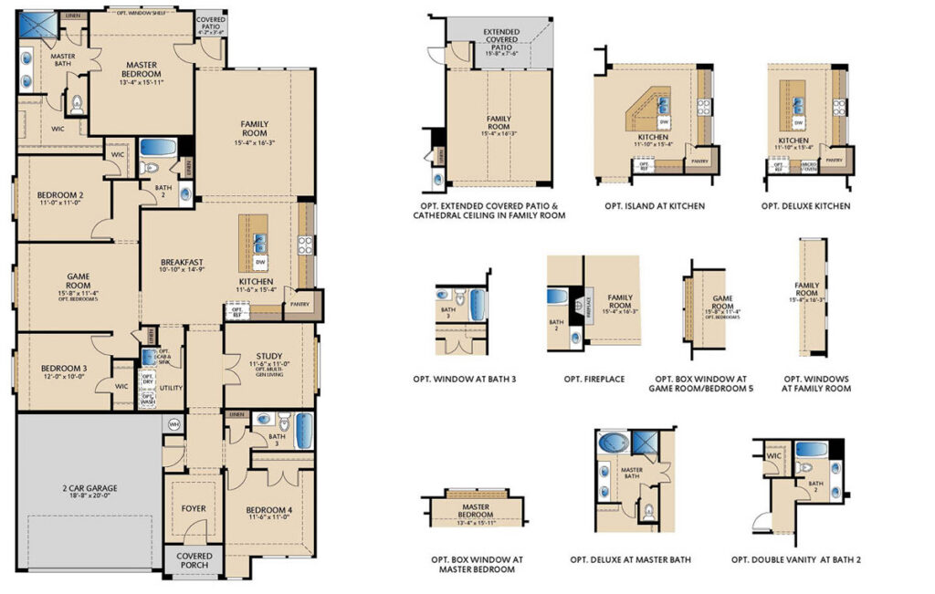 One‑story Addison II floor plan by Pacesetter Homes showing four bedrooms, three bathrooms, open family room with optional fireplace, kitchen with optional island or deluxe kitchen, game room, private study, covered patio, and multiple customizable layout options.