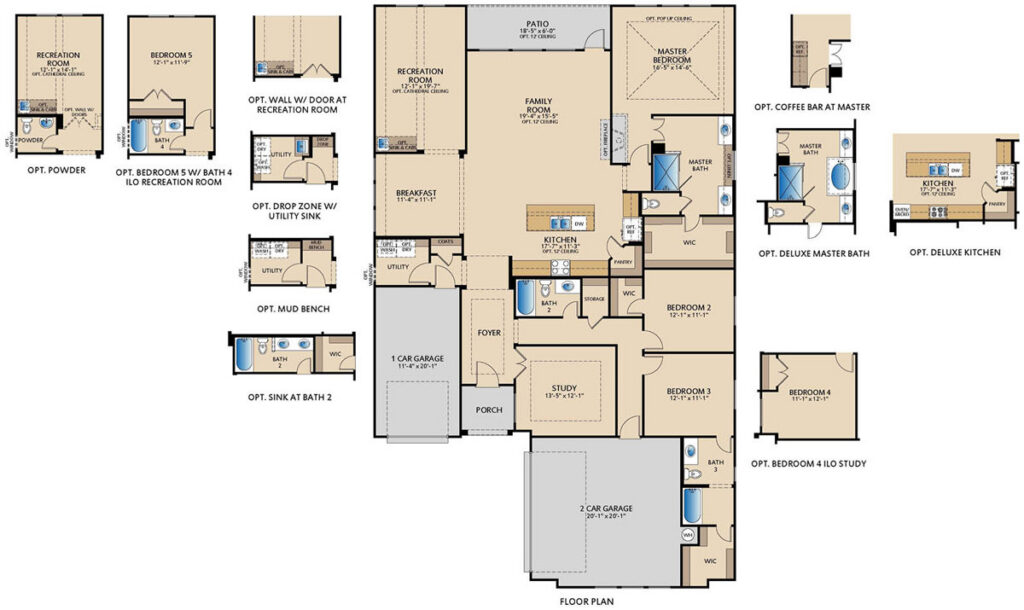 One‑story Ashwood floor plan by Pacesetter Homes showing a gourmet kitchen with breakfast area, open family room, private study near entry, primary suite with large walk‑in closet, covered patio, three‑car garage, and multiple optional design features.
