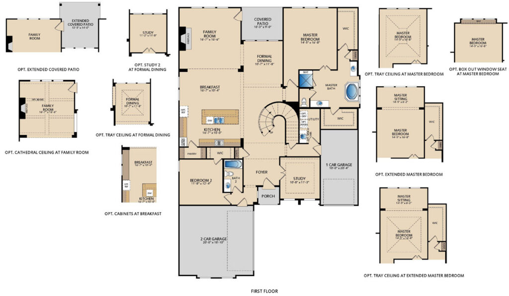 First‑floor layout of the Brennan II by Pacesetter Homes showing an open‑concept kitchen with large island overlooking the family room and breakfast area, formal dining room, private study, covered patio, guest bedroom, full bathroom, foyer, utility room, and attached three‑car garage with optional layouts.