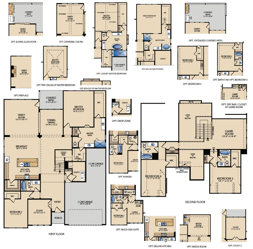 Two‑story Brennan floor plan by Pacesetter Homes showing four bedrooms, four bathrooms, open‑concept kitchen and family room, formal dining area, downstairs study, covered patio, second‑floor game room, walk‑in closets, and a three‑car tandem garage with optional layouts.