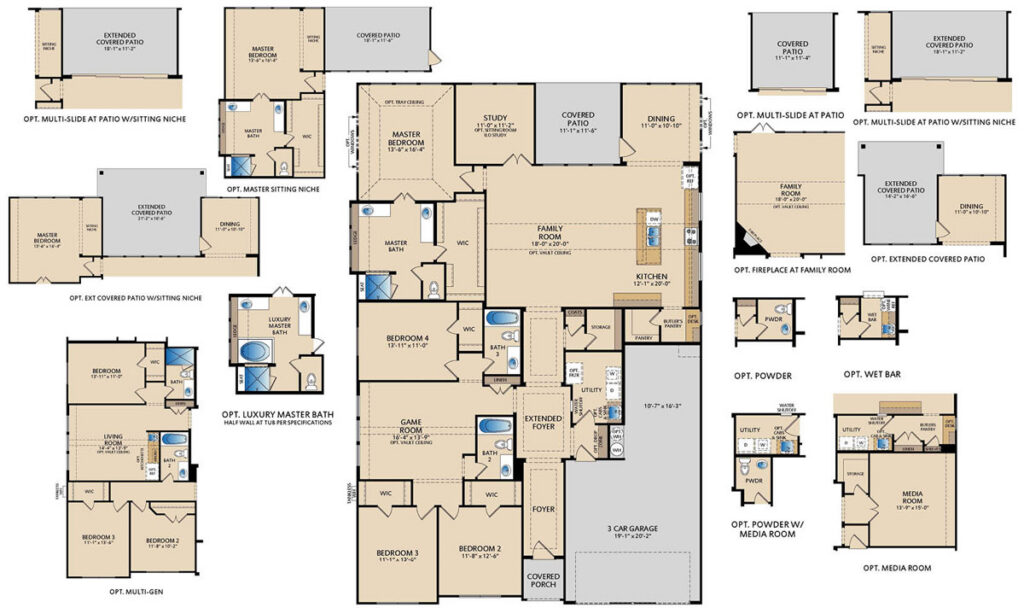One‑story Brighton floor plan by Pacesetter Homes showing four bedrooms, three full bathrooms, open family room, kitchen with dining area, private study, covered patio, and a three‑car tandem garage with optional layouts.