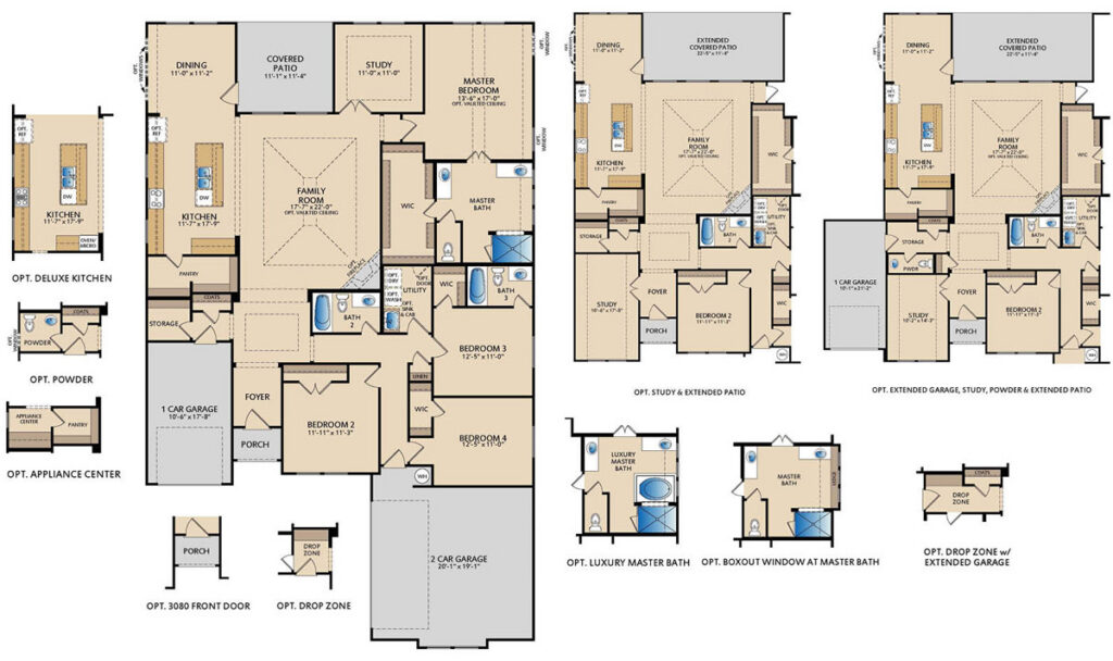 One‑story Camden floor plan by Pacesetter Homes showing open living and dining areas, kitchen with large pantry and optional deluxe kitchen layout, private study, primary bedroom with walk‑in closet, secondary bedrooms, covered patio, and multiple optional design configurations.