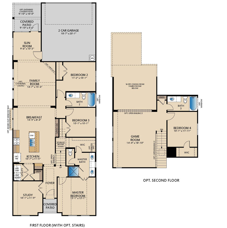 Campion floor plan by Pacesetter Homes showing a one‑story layout with three bedrooms, two bathrooms, private study, sunroom, open family room and kitchen, covered patio options, and optional second‑floor game room, fourth bedroom, and third bathroom.