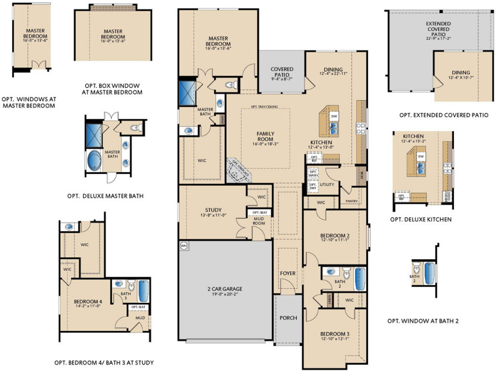 One‑story Carrollton floor plan by Pacesetter Homes showing three bedrooms, two bathrooms, open family room, kitchen and dining area, private study, covered patio, primary suite with walk‑in closet, and optional deluxe kitchen, extended patio, upgraded primary bath, and flexible room configurations.