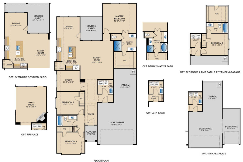 One‑story Coppell floor plan by Pacesetter Homes showing three bedrooms, two bathrooms, open family room, kitchen and dining area, private study, covered patio, primary suite with walk‑in closet, and optional deluxe kitchen, extended covered patio, upgraded primary bath, fireplace, and garage configurations.