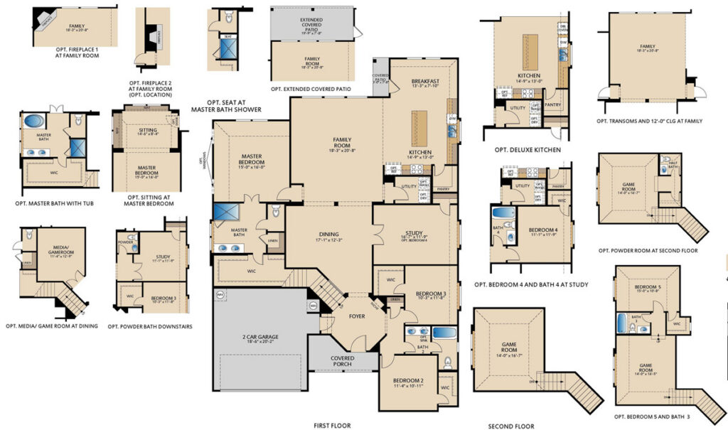 Fairview II floor plan by Pacesetter Homes showing a first floor with primary bedroom and bath, open family room, kitchen with breakfast area, dining room, study, secondary bedrooms, covered patio, and two‑car garage, plus a second floor with game room, and optional features including deluxe kitchen layout, extended covered patio, fireplace options, primary suite sitting area, alternate bath layouts, and additional room configuration options.