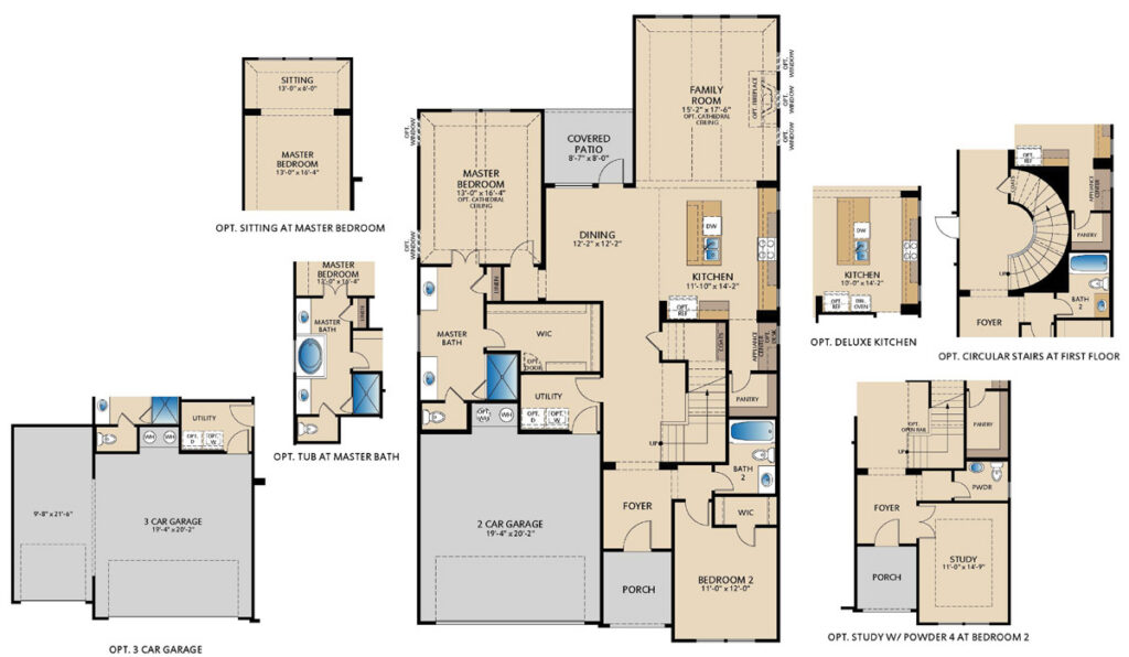 Complete Grapevine II floor plan by Pacesetter Homes showing first‑floor layous with four bedrooms, three bathrooms, open family room connected to kitchen and dining area, covered patio, walk‑in closets throughout, upstairs game room, and multiple optional features including deluxe kitchen layouts, optional fireplace, optional media room, additional bedrooms and bathrooms, extended patio options, and alternate stair configurations.