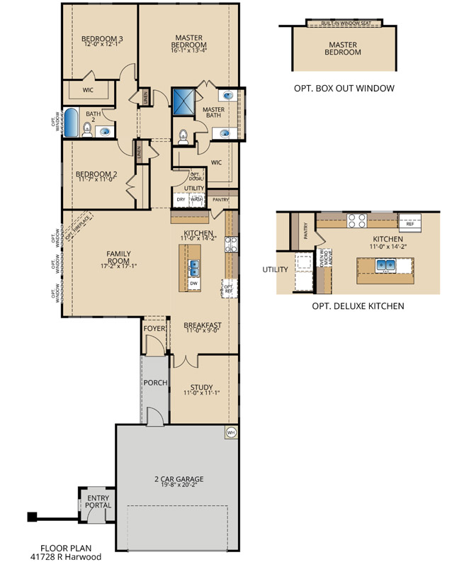 Harwood floor plan by Pacesetter Homes showing a one-story layout with three bedrooms, two bathrooms, open family room connected to kitchen and breakfast area, dedicated study, utility room, primary suite with walk-in closet and dual-vanity bath, covered porch and entry portal, and a 2-car garage; option callouts include an optional box-out window at the primary bedroom and an optional deluxe kitchen layout.