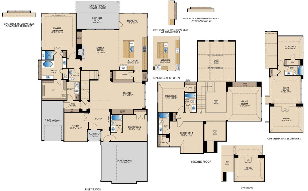 Homestead floor plan by Pacesetter Homes showing first- and second-floor layouts with open family room and kitchen, dedicated dining area, private study, covered patio, multiple bedrooms and bathrooms, an upstairs game room, and a 3-car garage; option callouts include an optional deluxe kitchen layout, an optional alternate kitchen and breakfast-area arrangement, and optional bedroom and bathroom configuration changes shown as separate mini layouts.