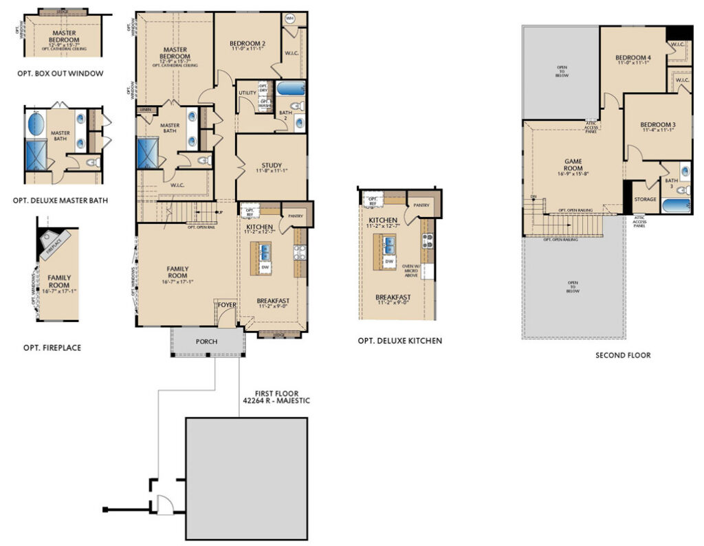Majestic floor plan by Pacesetter Homes showing first‑ and second‑floor layouts with a first‑floor primary bedroom suite, open kitchen with island and breakfast area, private study, foyer and porch entry, and a second floor with an upstairs game room and additional bedrooms and bathrooms; option callouts include an optional box‑out window, optional deluxe primary bath layout, optional fireplace, and an optional deluxe kitchen configuration.