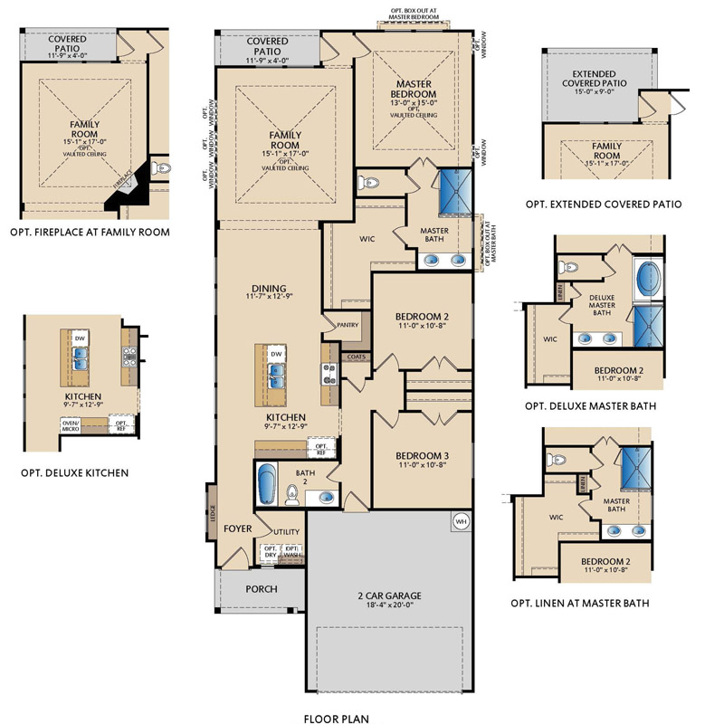 Meridian one‑story floor plan with 3 bedrooms, 2 bathrooms, open‑concept family room, kitchen and dining area, covered patio, and optional fireplace, deluxe kitchen, extended patio, and enhanced primary bath layouts