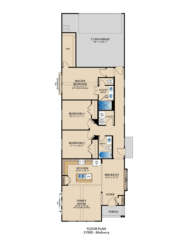 Mulberry one‑story floor plan with 3 bedrooms, 2 bathrooms, open family room, kitchen with breakfast area, private primary suite with walk‑in closet, and 2‑car garage