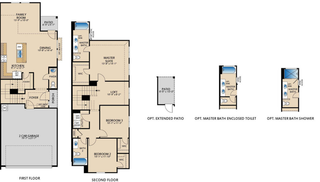 Newberry two‑story floor plan with 3 bedrooms, 2.5 bathrooms, open‑concept first floor, kitchen, dining and family room, upstairs loft, optional extended patio, and enhanced primary bath layouts