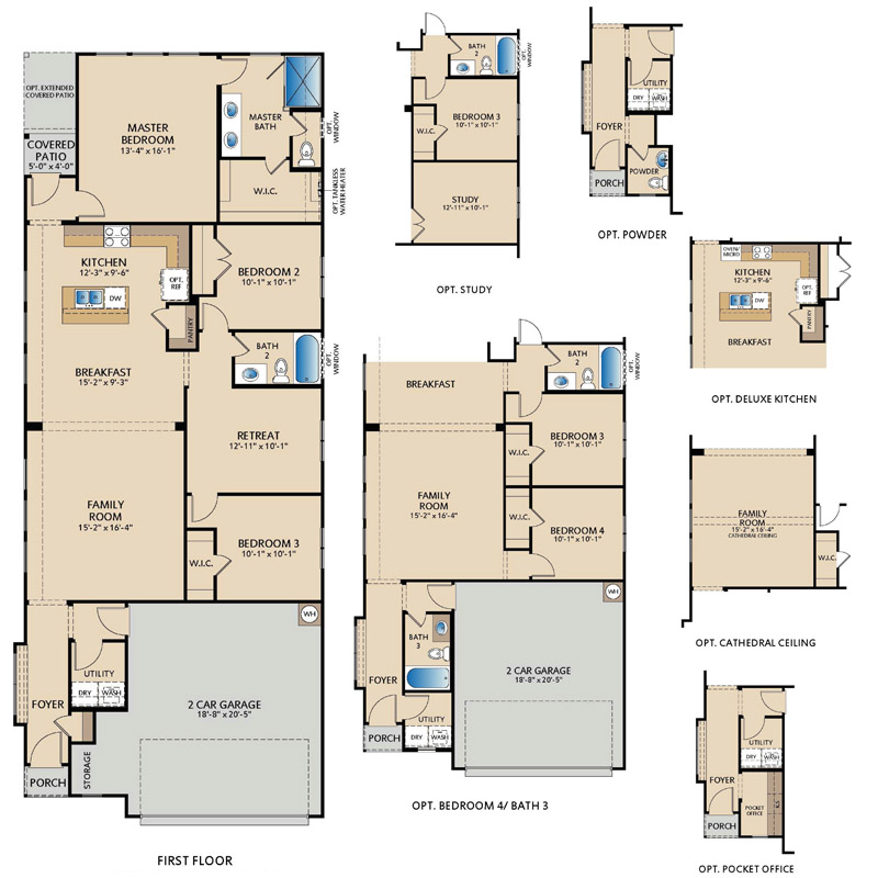 Palmetto one‑story floor plan with 3 bedrooms, 2 bathrooms, open family room, kitchen with island and breakfast area, private retreat space, covered patio, and optional study, deluxe kitchen, or additional bedroom layouts