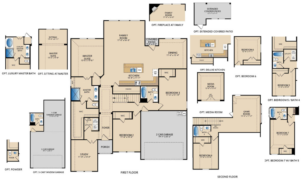 Parker two‑story floor plan with 4 bedrooms, 3 bathrooms, oversized family room, kitchen and dining area, private study, covered patio, upstairs game room, and optional extended patio, fireplace, and bedroom layouts