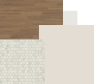 Wood flooring, light neutral wall color, and circular mosaic tile shown in a Craftsman Pearl design package.