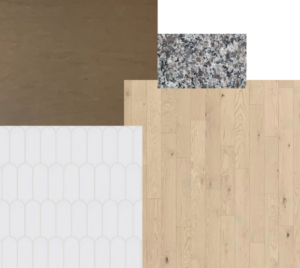 Light wood flooring, white arched tile, granite surface, and neutral wall color from a Craftsman Pearl package.