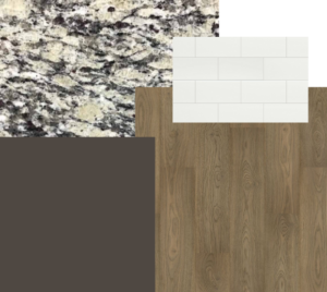 Granite countertop, white subway tile, medium-tone wood flooring, and dark neutral wall color selection.