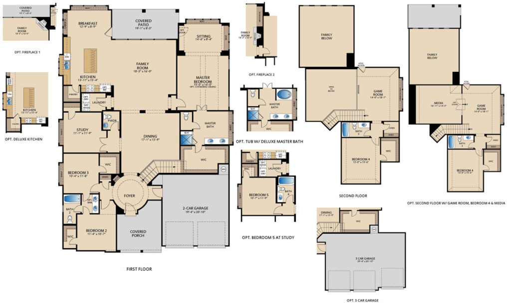 Sandstone II two‑story floor plan with first‑floor primary suite and sitting area, open‑concept family room and kitchen, private study, covered patio, upstairs game room, optional media room and additional bedroom layouts, and garage configuration options