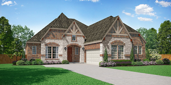 Sandstone S Elevation C. Sandstone S one-story floor plan with 3 bedrooms, 3 bathrooms, dining room, covered patio, and primary suite with sitting area