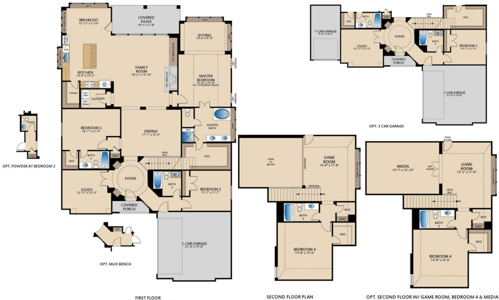 Sandstone S II two-story floor plan with 4 bedrooms, 4.5 bathrooms, study, game room, media room, covered patio, and primary suite with sitting area