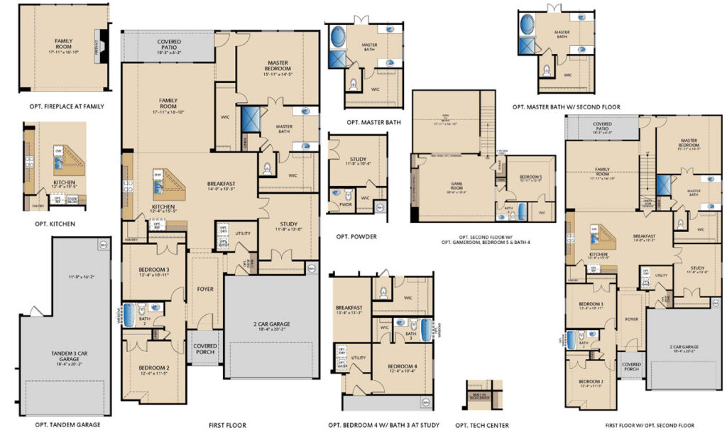 Southlake one-story floor plan with 3 bedrooms, 2 bathrooms, study, large kitchen island, and covered patio