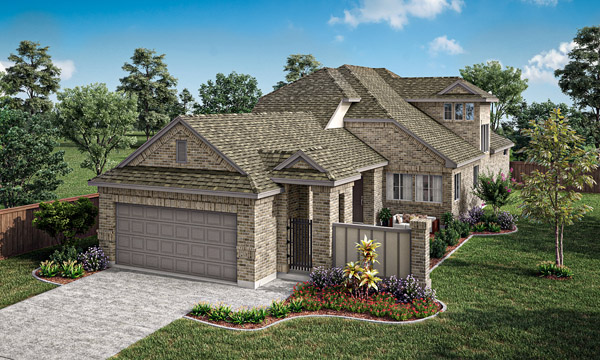 Trentino Elevation C 100 Brick at Wing Wall. Trentino two-story floor plan with 4 bedrooms, 3 bathrooms, front porch, formal dining room, and primary suite with sitting area