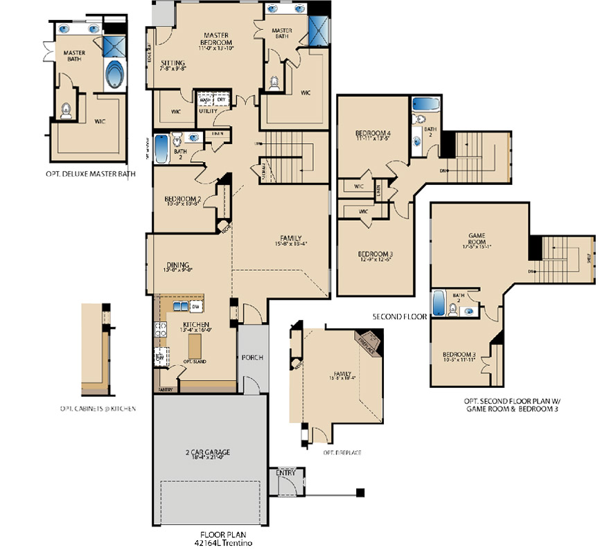 Trentino two-story floor plan with 4 bedrooms, 3 bathrooms, front porch, formal dining room, and primary suite with sitting area