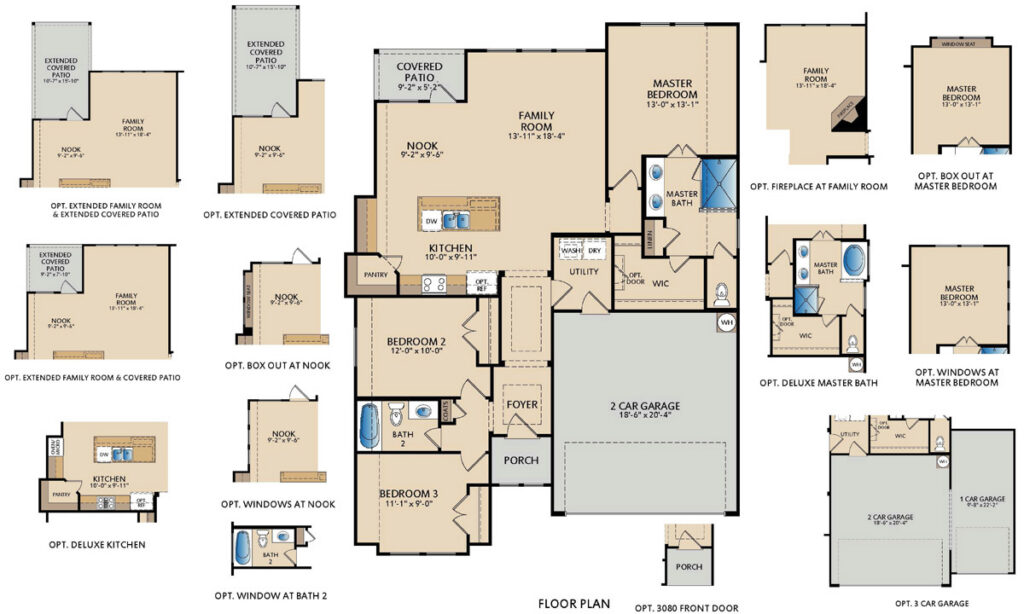 Trenton one-story floor plan with 3 bedrooms, 2 bathrooms, open living and dining areas, covered patio, and two-car garage