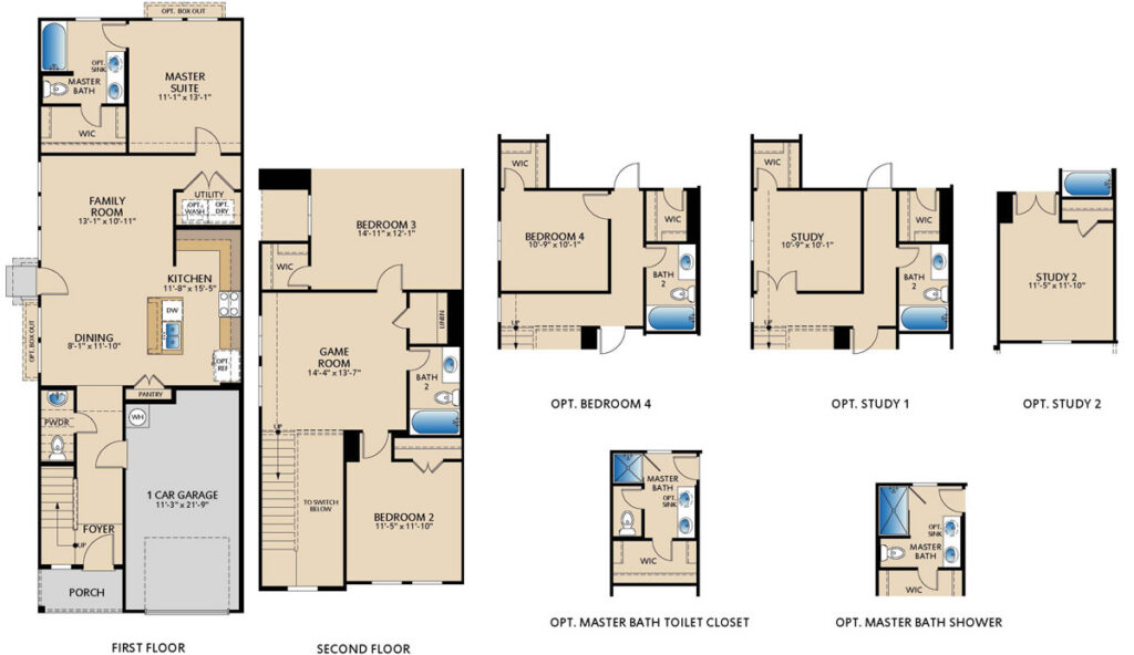 Trinity two-story townhome floor plan with 3 bedrooms, 2.5 bathrooms, first-floor primary suite, open-concept living, and upstairs game room