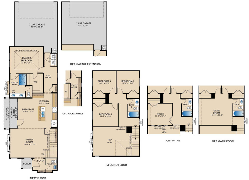 Walden two-story floor plan with 4 bedrooms, 2.5 bathrooms, breakfast area, covered patio, mudroom, and flexible upstairs space
