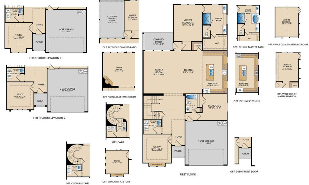 Westbury two-story floor plan with open first-floor living, study, covered patio, upstairs game room, optional media room, and additional bedrooms