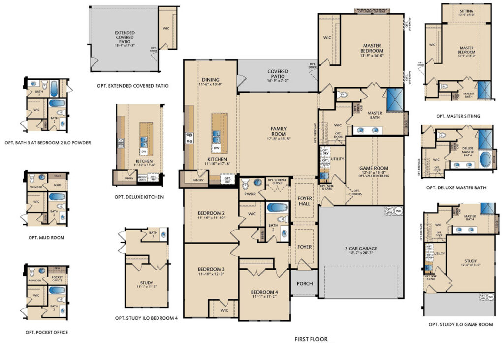 Westlake II one-story floor plan with open living areas, dining room, game room, covered patio, and primary suite with dual walk-in closets