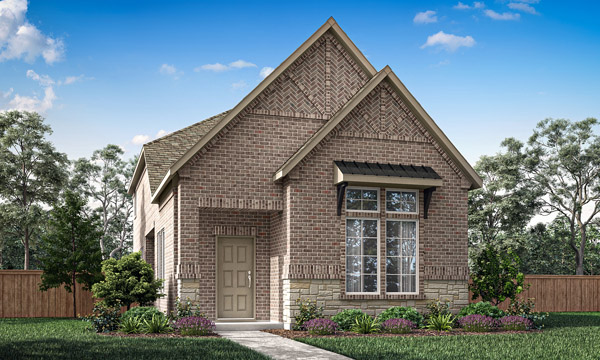Wisteria Elevation C. Wisteria floor plan with 3 bedrooms, 2.5 bathrooms, open family room, dining area, covered patio, and upstairs secondary bedrooms