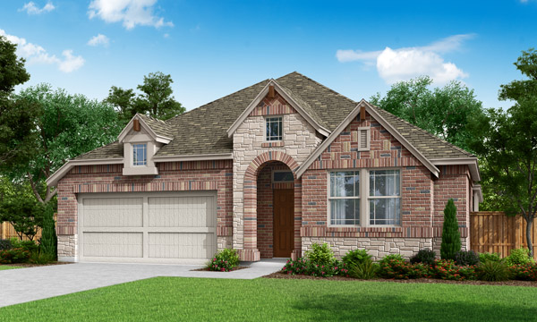 Front exterior rendering of the Addison II by Pacesetter Homes featuring a one‑story home with stone and brick façade, gabled roofline, landscaped front yard, and attached two‑car garage.