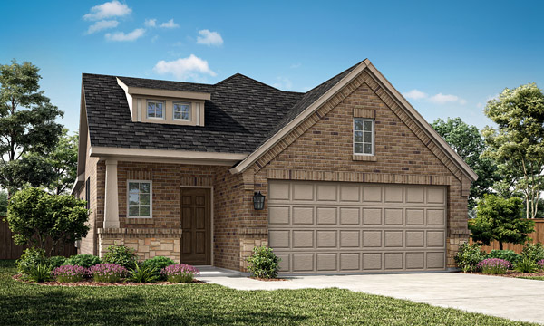 Belmont Elevation B Masonry. Belmont one-story floor plan with 3 bedrooms, 2 bathrooms, private study, sitting area, open living and dining spaces, and covered patio