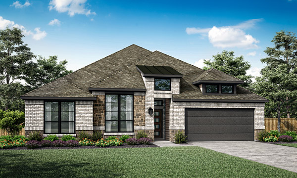 Brighton Elevation A. One‑story Brighton floor plan by Pacesetter Homes showing four bedrooms, three full bathrooms, open family room, kitchen with dining area, private study, covered patio, and a three‑car tandem garage with optional layouts.