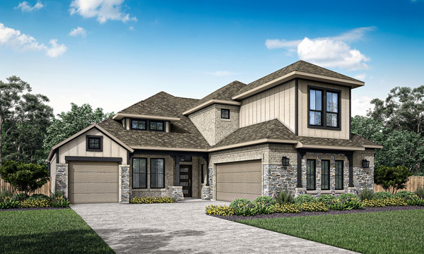 Driscoll Elevation A Standard by Pacesetter Homes showing a two-story home with four bedrooms, three bathrooms, open‑concept family room, dining area, kitchen with butler’s pantry, first‑floor study, covered patio, and a second‑floor game room with optional media room configurations.