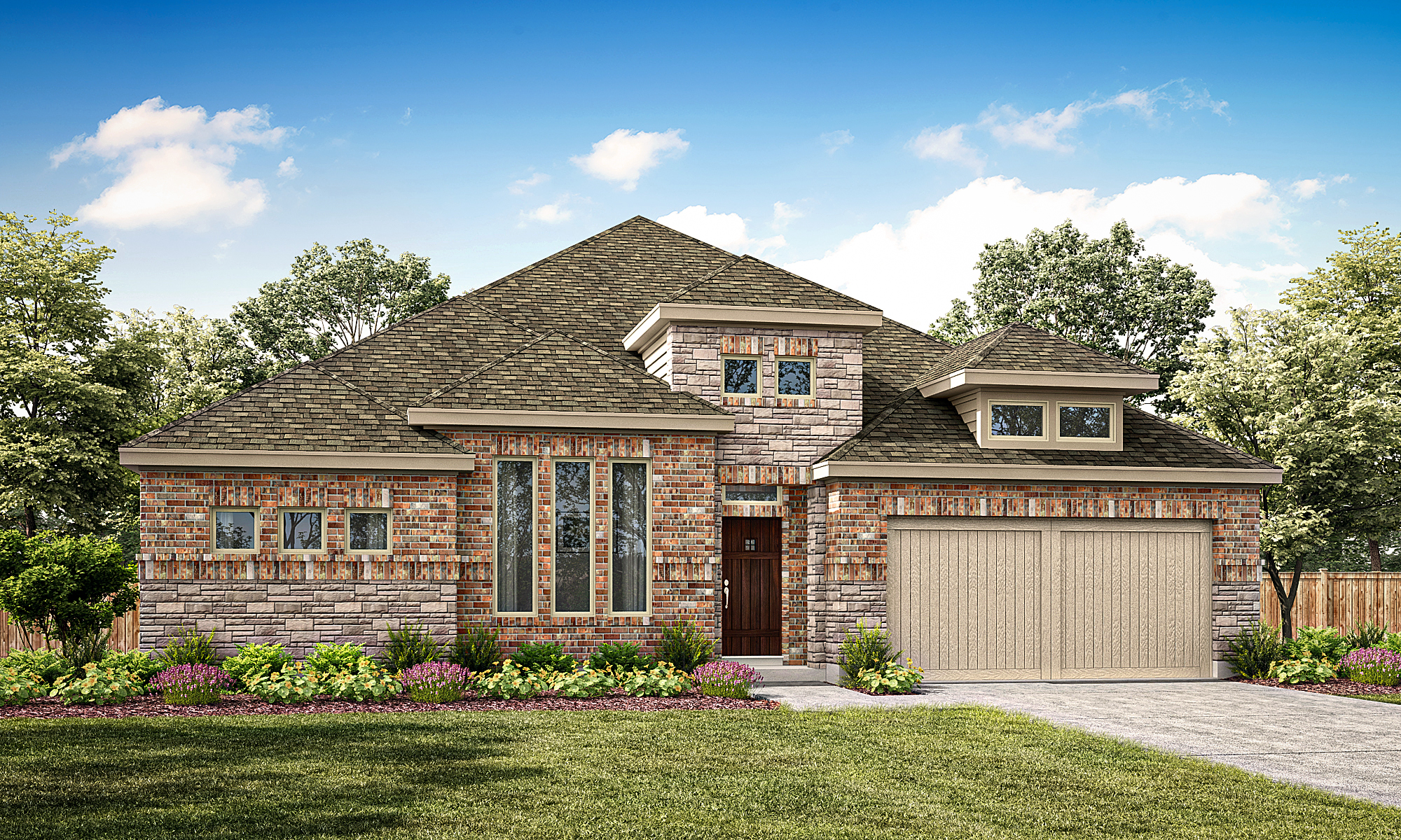 Fairhaven Elevation A. Fairhaven floor plan by Pacesetter Homes showing a single‑story layout with four bedrooms, three bathrooms, open kitchen, dining and family room, large island and walk‑in pantry, private study, game room, primary suite with dual vanities and two walk‑in closets, covered patio, and a three‑car tandem garage with optional kitchen, bath, and garage configurations.