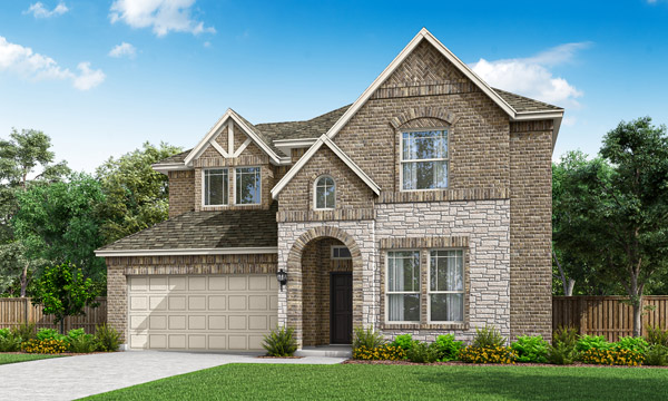Garland Elevation B Masonry. Garland floor plan by Pacesetter Homes showing first- and second-floor layouts with a first-floor primary bedroom and bath, open family room connected to kitchen and breakfast area, dining room, covered patio, powder bath, utility room, and a 3-car garage; second floor includes a game room and Bedrooms 2–4 with bathrooms and walk-in closets; option callouts include an optional fireplace at the family room, optional deluxe kitchen, optional kitchen island, optional primary bath layout, optional Bedroom 5 at the dining area, and an optional bath configuration at Bedroom 4.